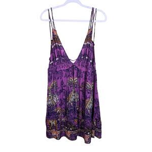 Free People Me to You Purple Elephant V-Neck Plunge Mini Dress Large (FLAW)